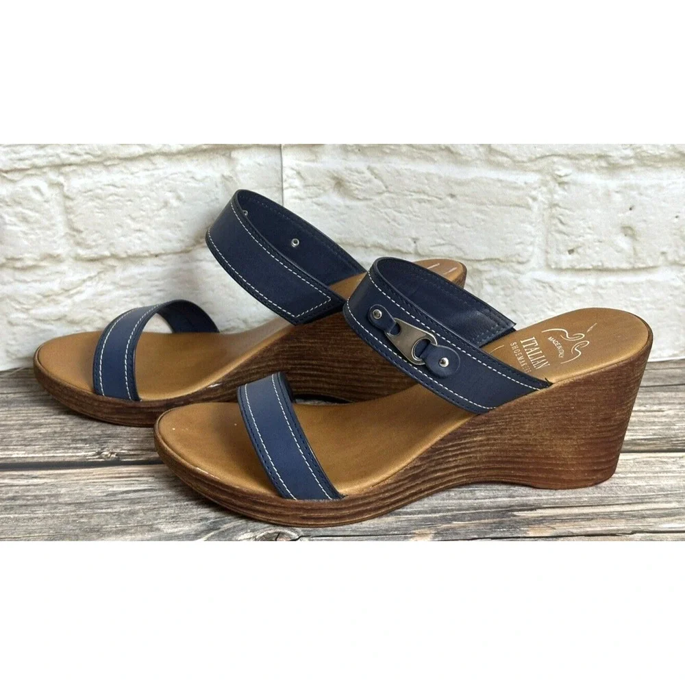 Italian Shoemaker Sandals Wedge‎ Navy Blue Leather Straps Fits 10 M